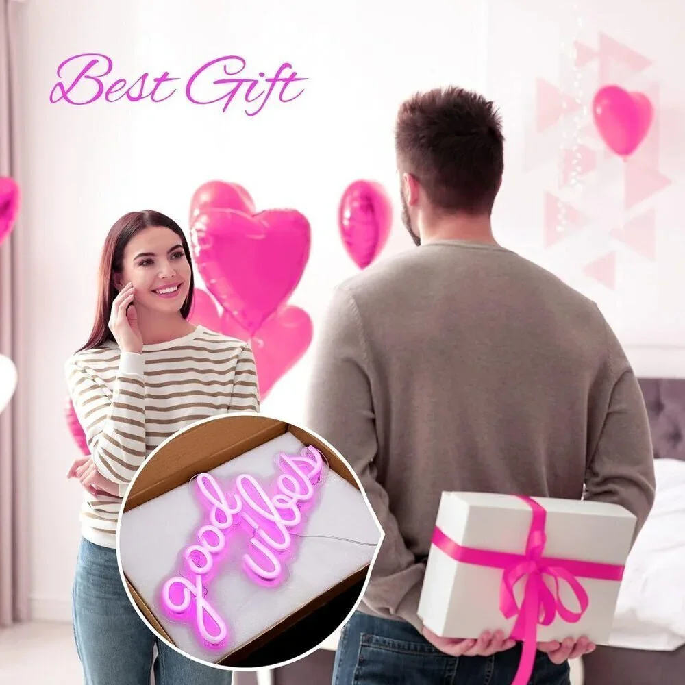 Neon Sign Pink Good Vibes Led Lights for Bedroom, Wall Decor (16.1 x 8.3 inch)
